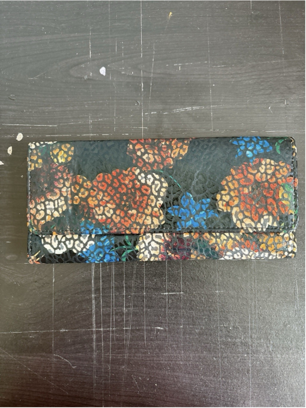 Hobo The Original Leather Trifold Wallet Floral Leopard Print Teal Lining EUC - Picture 2 of 8